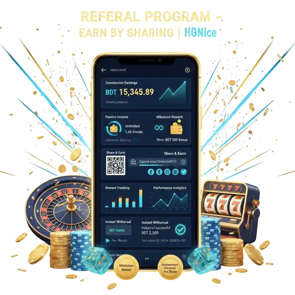 Design a visually powerful promotional infographic titled “Referral Program – Earn by Sharing | HGNice” featuring a modern smartphone mockup at the center. All referral features and earnings information must appear clearly inside the mobile screen as animated app UI cards, earning dashboards, referral link panels, commission graphs, wallet balance displays, bonus trackers, and withdrawal confirmation icons. The mobile interface should visually represent: Referral dashboard showing commission earnings and growing balance Passive income indicator with automatic earning animation Unlimited invite counter and milestone reward progress bar Easy sharing panel with referral link, QR code, and social app icons Fast reward tracking analytics and performance chart Instant withdrawal confirmation using BDT wallet interface Motivation bonus badge and achievement rewards Surround the smartphone mockup with premium casino equipment visuals including gold coins, poker chips, roulette wheel, slot machine reels, dice, glowing money particles, neon light streaks, spark effects, and luxury gaming atmosphere. No human characters. Use a futuristic mobile UI style, gold and electric neon color palette, clean typography, 3D illustration, ultra HD resolution, cinematic lighting, high contrast, sharp focus, vertical poster layout, professional marketing banner quality, highly engaging visual composition.